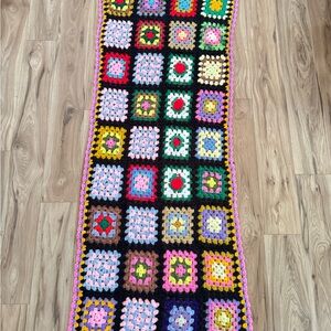 Vintage crochet pastel rainbow boho maximalist granny square couch cover